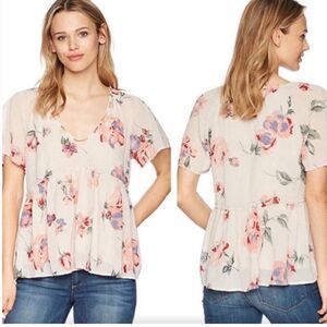 LUCKY BRAND Crepe-Peplum Floral Cutout V-neck Top Size Medium